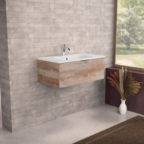 Inda - Meuble de salle de bain L.80 avec vasque mate / Chêne (1/5)