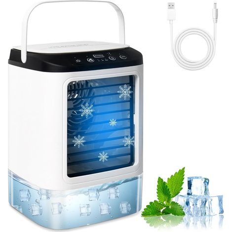 Refroidisseur d'air portable 4 en 1, 3 vitesses de ventilation, double buse de pulvérisation, réservoir d'eau de 900 ml, oscillation à 90°, silencieux, idéal pour le camping et le bureau. (1/5)