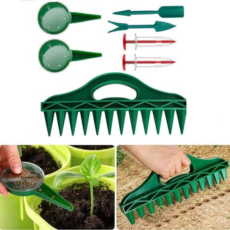 Juego distribuidor de semillas de 12 agujeros, sembradora, siembra de plantas (1 peine dentado + 2 sembradoras + 2 sembradoras rojas + herramientas pequeñas)