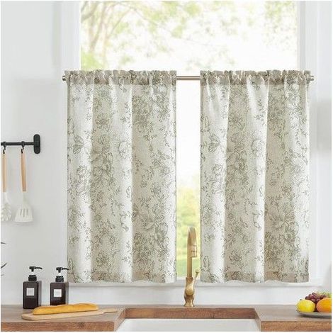 Rideaux courts en lin floral - jinchan - Motif floral oriental - Couleur sauge sur beige - Style café (1/5)