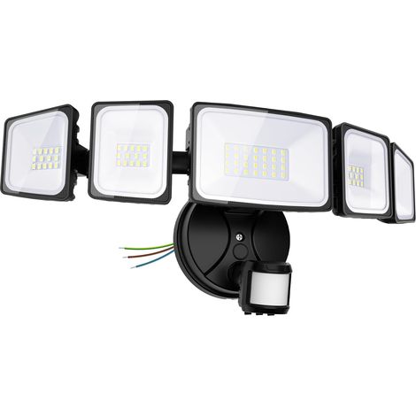 Projecteur LED 5 têtes 55W avec détecteur de mouvement, IP65 Etanche Spot Lampe 3 Tête, 6500K Blanc Froid Éclairage de Sécurité Extérieur PIR pour Jardin, Cour, Entrée, Terrace (1/5)