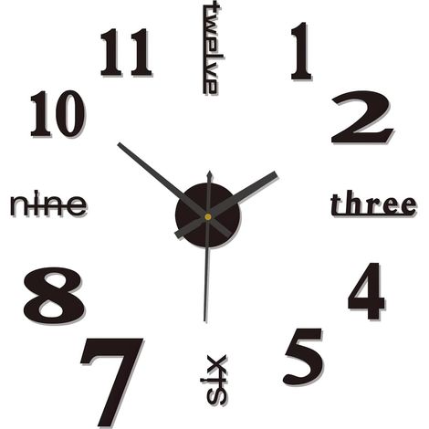Large Adhesive Wall Clock, 3D Modern Design Black DIY Wall Clock, Giant Decorative Silent Wall Clock with Digital Mechanism for Bedroom, Kitchen (1/5)