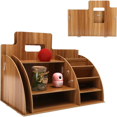 Organisateur de bureau en bois pour cosmétiques et fournitures, rangement innovant pour espace de travail, couleur cerisier. (1/5)