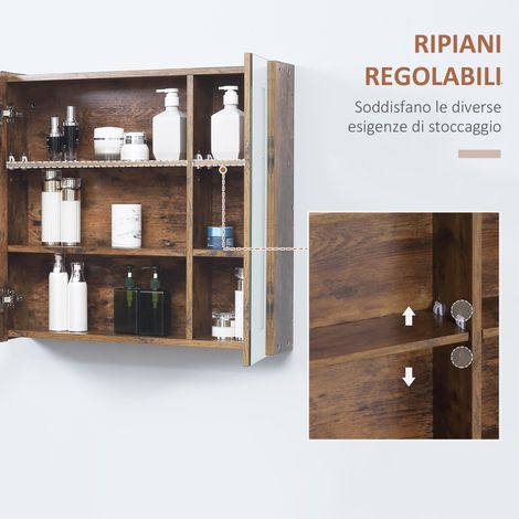 Miroir LED de salle de bain réglable, 2 portes avec étagère modulable, 65 x 70 x 15 cm, couleur marron (1/5)