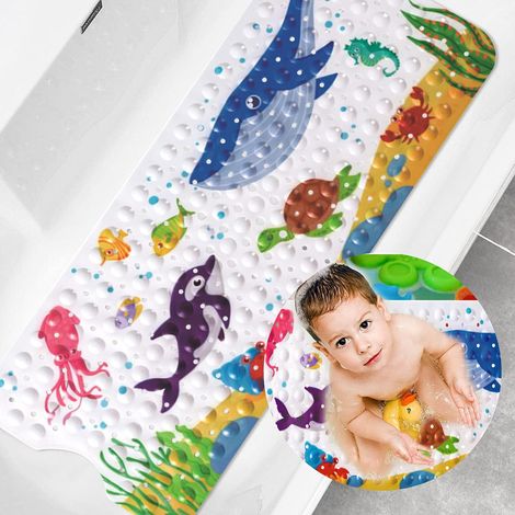 Tapis de bain antidérapant 100x40cm, 200 ventouses en PVC, motif animaux marins cartoon baleine, antidérapant pour douche bébé et enfant (1/5)