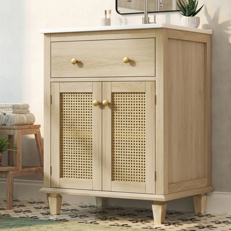 Mueble de baño con lavabo 61 cm, MDF y cerámica, madera natural HAVRYA (1/5)