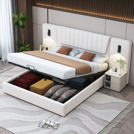 Letto matrimoniale imbottito 180x200 cm, con schienale, luce di lettura, porta di ricarica USB, tessuto di velluto- Beige (1/5)