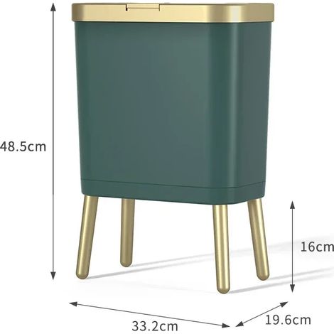 (15L - Vert) Poubelle à bouton-poussoir, grande capacité, avec couvercle, convient aux cuisines et salles de bains. (1/5)