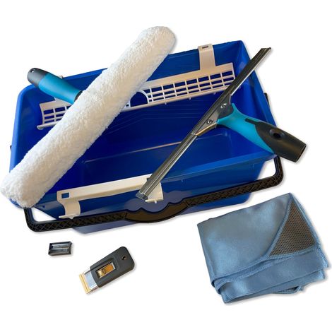 Kibros – Kit laveur de vitres pro avec seau 18L – Mouilleur 35 cm – Raclette Moerman – Chiffon microfibre 40x60 cm – Grattoir à vitre de poche (1/5)