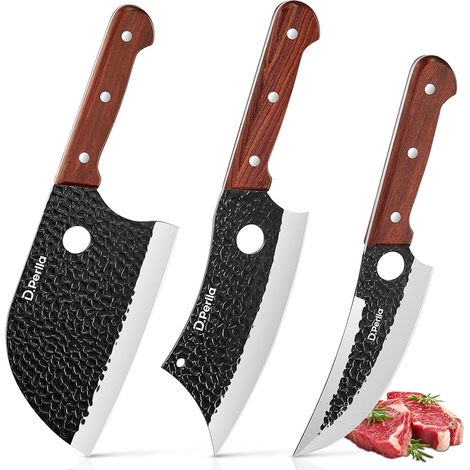 Set de Couteaux de Boucher 3 Pièces, Couteaux de Chef Professionnel Acier à Haute Teneur en Carbone Couteau à Désosser Couteau de Cuisine Serbe, Couteau à Désosser Viking Pour Camping et BBQ (1/5)