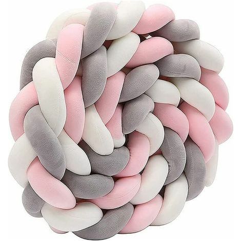 Geflochtener Schlangen-Kopfschutz, Bettrand, Babykissen aus Baumwolle mit Knotenmuster, Bettrolle, Stillkissen, Dekokissen, Sofakissen, Kissen für Schlafzimmer und Wohnzimmer, weiß + grau + rosa (1/5)