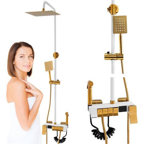 Colonne de douche Clara Silla, système de douche avec mitigeur, design moderne, Blanc/Doré (1/5)