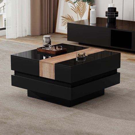 Table basse carrée 70 cm avec plateau coulissant, rangement caché, design noir brillant, meuble salon moderne en MDF (1/5)