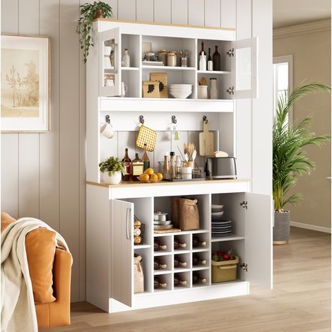 Credenza da cucina 106x39x175 cm con ante in vetro, bianco e legno, FloraGrace (1/5)