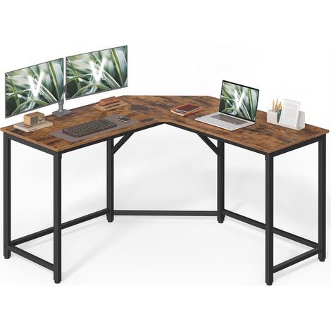 Bureau d'Angle, Bureau d'Ordinateur en Forme de L, 129 x 129 x 76 cm, Gain de Place, Table d’Ordinateur, Marron Rustique et Noir d’Encre (1/5)