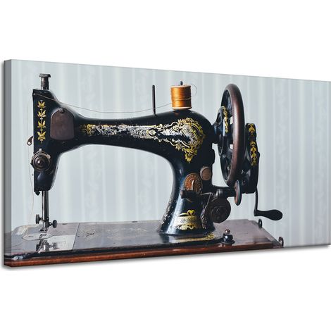 Lienzo impreso con máquina de coser vintage, 120x60 cm, aguja de sastre e hilo.