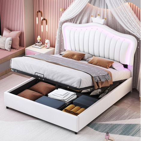 Cama infantil con almacenaje LED y corona blanca PU OKMYHOME (1/5)