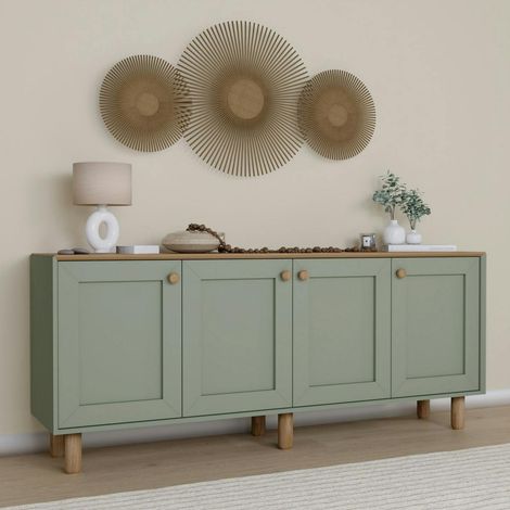 Pier Import – Buffet salle à manger en MDF vert sauge – Plateau effet bois chêne – Dimensions 180x40x75 cm – 1 étagère 30 kg