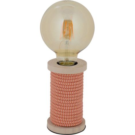 Lampe à poser décorative design bobine de fil, textile et bois, orange et blanc, douille E27, 12 cm - PANGIVO (1/5)