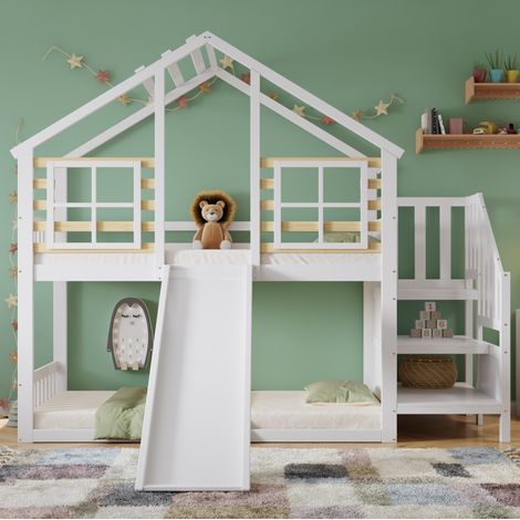Lit superposé 90 x 200 cm lit cabane, lit enfant avec toboggan, escalier et barrières de sécurité,gain de place pour chambres d'enfants (1/5)