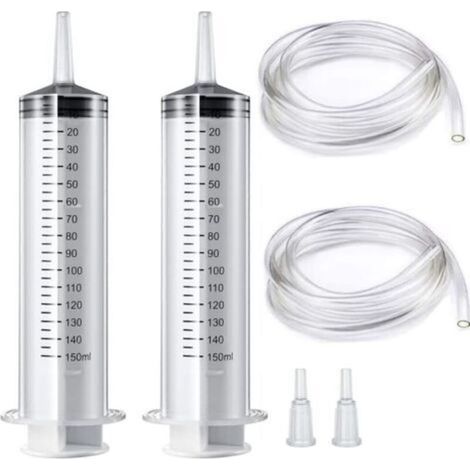 Juego de 2 jeringas dosificadoras de plástico grandes de 150 ml con tubo de 1,3 m y adaptador de punta para laboratorio científico, uso industrial [no médico]. (1/5)