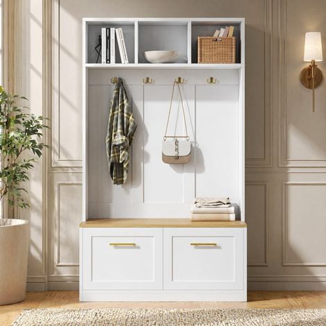 Vestiaire avec banc 105 x 40 x 180 cm en MDF et panneaux de particules, blanc et naturel - CHICFURN (1/5)