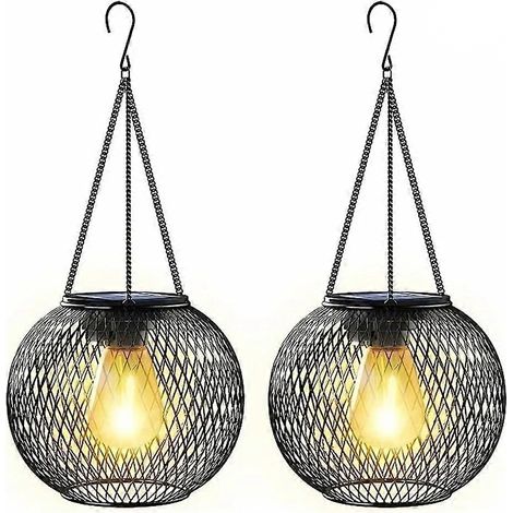 Lot de 2 lanternes solaires d'extérieur à suspendre en métal étanche avec éclairage LED pour arbres, idéales pour la décoration de jardin. (1/5)