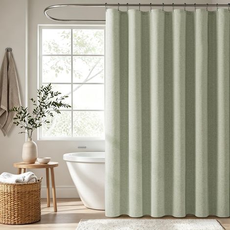 Rideau Douche 120x200 cm, Texture Lin, Anti Moisissure, Imperméable, avec 8 Crochets Métalliques, Rideau de Douche Lourds en Polyester de Luxe pour Hôtels, Vert (1/5)