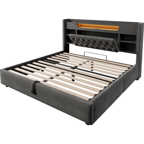 Cama con almacenamiento 140x190 cm en lino gris con LED, USB y USB-C, cabecero MODENUIT (1/5)