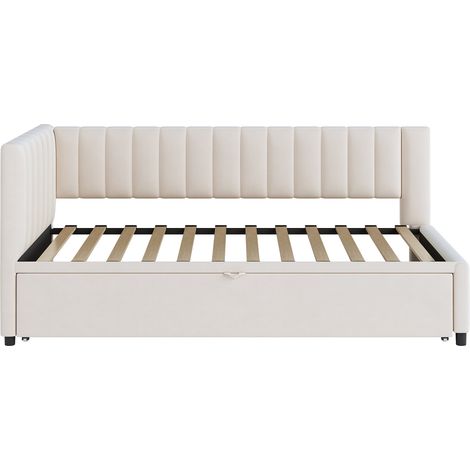 Cama diván esquinera multifuncional con cama nido 90 x 200 cm en terciopelo beige (1/5)
