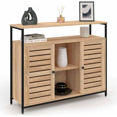 Idmarket – Buffet 2 portes persiennes 100 cm – Bois et métal – Style industriel – Dimensions L. 100 x l. 30 x H. 80 cm – Rangement optimisé avec étagères ajustables (1/5)