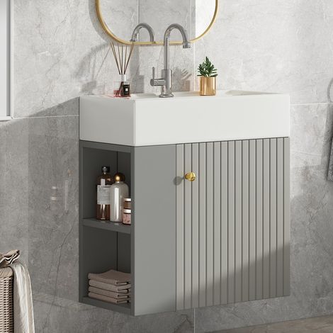 Meuble avec vasque inclus-petit meuble mural gris clair-gain de place-pour salle d'invies-55x31x66,5cm-Robinet non inclus (1/5)