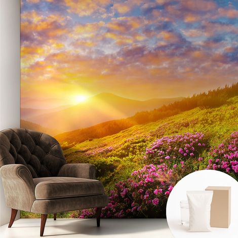 Papier peint avec colle pour décoration moderne de salon chambre à coucher cuisine et bureau Facile Coucher de soleil en montagne 250x250 cm (1/5)