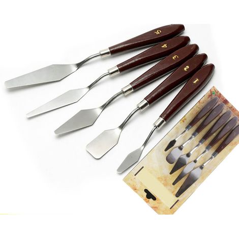 Jeu de 5 spatules à huile en acier inoxydable, manches en bois, couteaux à peindre pour artistes et étudiants (1/5)