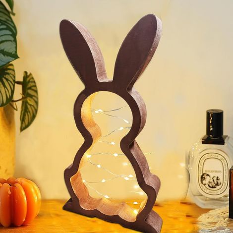 1 Lapin en Bois, Guirlande LED, Décoration Pâques, Bois Naturel, Salon Table (1/5)