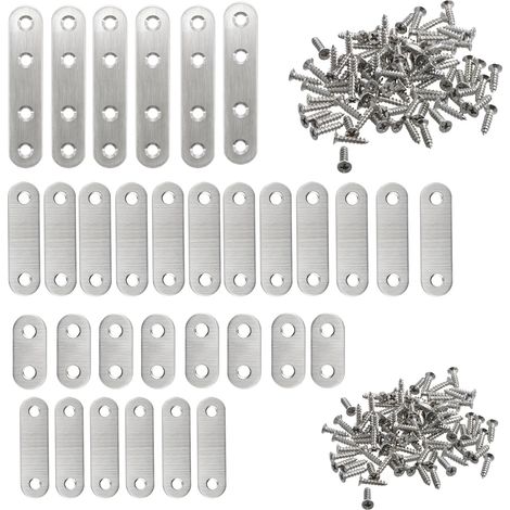 32 Équerres Plates en Acier Inoxydable, Equerre Metal Plate, Plaque Perforée avec Vis, Supports de Fixation Droits Plats Plaques pour Réparation et Fixation de Meubles en Bois (Set B) (1/5)