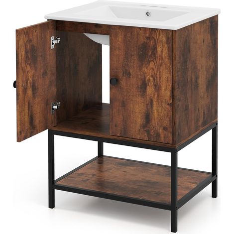 COSTWAY Mobile Sottolavabo per Bagno in Legno, Mobiletto da Bagno con 2 Ante e Mensola Aperta, Mobile da Bagno a Terra Stile Vintage con Lavandino in Ceramica, 61 x 46,5 x 87 cm, Marrone Rustico (1/5)