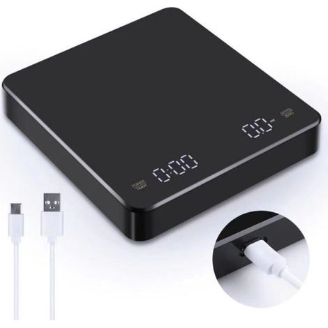 Digital kitchen scale with timer, 3 kg/0.1 g precision, rechargeable, ideal for filter and pour-over coffee, with tare function and LED display. (1/4)