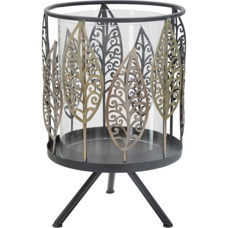 Portacandele Foglie Iron Ø15x24 cm in Ferro e Vetro Nero e Grigio (1/5)
