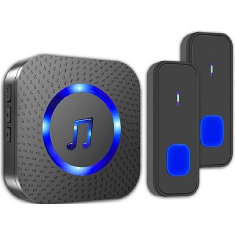 Timbre inalámbrico, timbre electrónico exterior resistente al agua, alcance de 300 m, transmisor de dos botones con receptor enchufable, para uso doméstico, LED azul, 55 melodías, 5 niveles de volumen (1/5)