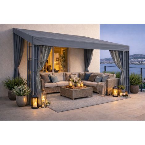 Rank Anbau 3x4m Anthrazit mit 3 Seitenteilen Anbaupavillon Terrassendach