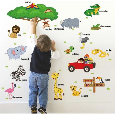 Stickers muraux Cartoon Zoo en anglais pour la décoration du salon d'enfant, papier peint artistique (1/4)