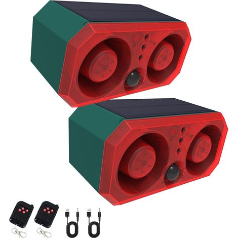 2pcs Sirène à capteur de Mouvement extérieur à énergie Solaire 130dB x 2 Haut-parleurs, 13 Modes sonores intégrés Chiens aboyant et Tirs, avec télécommande pour arrière-Cour, Ferme, (1/5)