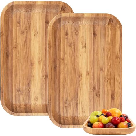 Lot de 2 Plateaux Bois 30x20x2cm Rectangulaire Naturel Salon Cuisine