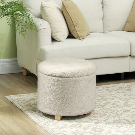 Pouf contenitore rotondo con coperchio, tessuto in poliestere color crema, Ø45 x 41 cm, OKWISH (1/5)