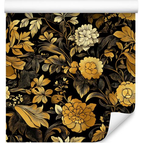 Carta da parati con ibisco dorato, ocra, oro, nero e giallo, 50x1000 cm (1/5)