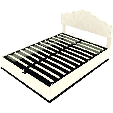 Lit rembourré moderne et minimaliste, tête de lit douce et confortable, 160200CM, beige, mobilier de chambre multifonctionnel, cadre de lit haut avec vérin hydraulique, matelas non inclus. (1/5)