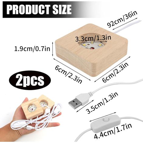 Set of 2 wooden bases for LED crystal display, warm square USB light, glass, resin and jewelry, for 3D crystal laser screens (1/5)