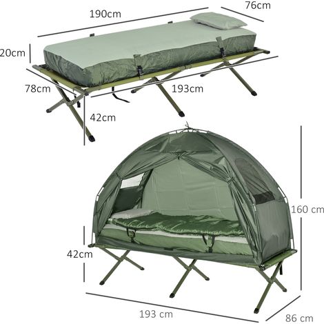 Ensemble tente de camping avec lit de camp, sac de couchage et matelas, vert foncé (1/5)