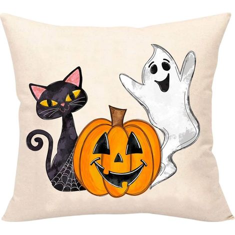 Housse De Coussin Halloween - Motif Fantôme Citrouille - 45 x 45 cm - Tissu Lin Polyester - Pour Canapé Chaise Lit Extérieur - 1 Pièce (1/4)